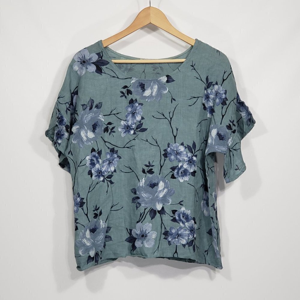 Elena Baldi  Blue Floral Linen Blouse Top  Women's Size S